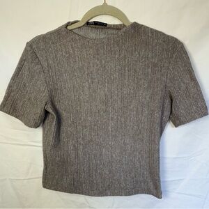 ZARA Ribbed Knit Short Sleeve Top Taupe Size S